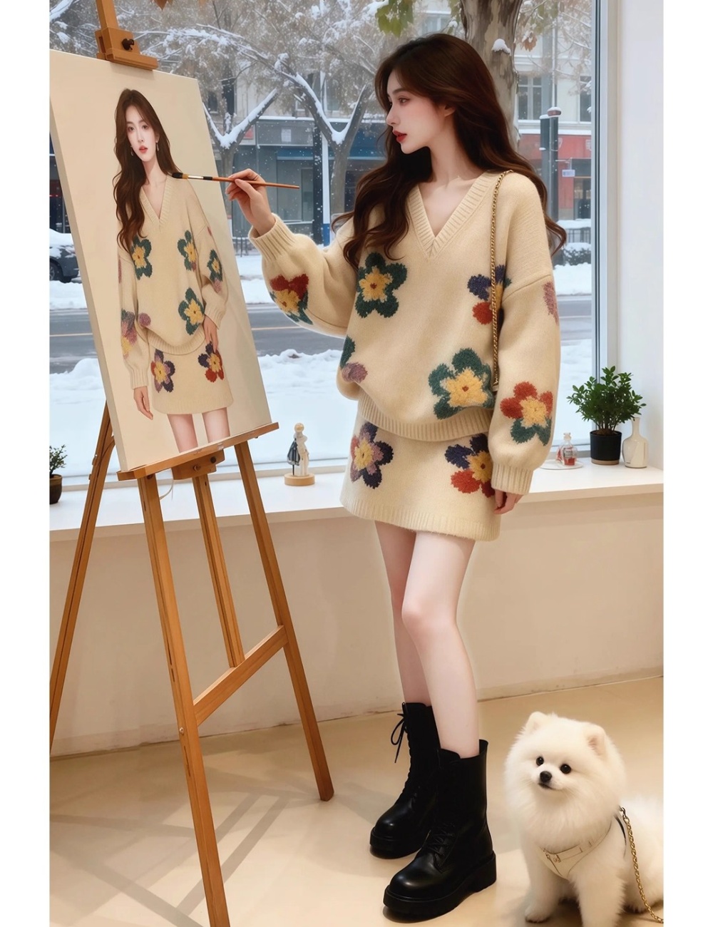 Unique Korean style short skirt spring retro sweater 2pcs set