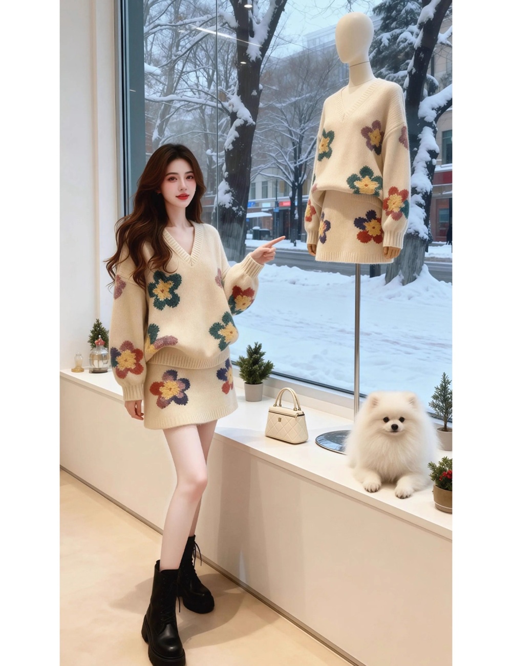 Unique Korean style short skirt spring retro sweater 2pcs set