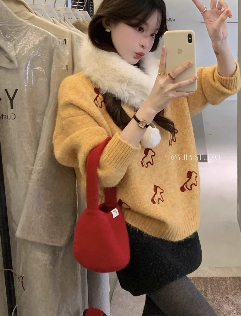 Pony knitted winter scarves embroidery all-match sweater for women