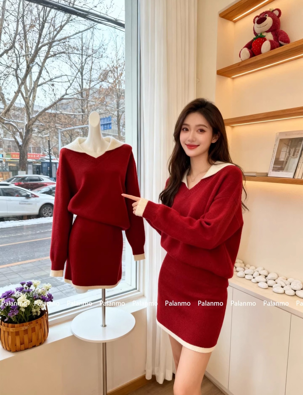 Loose red short skirt knitted sweater a set for women