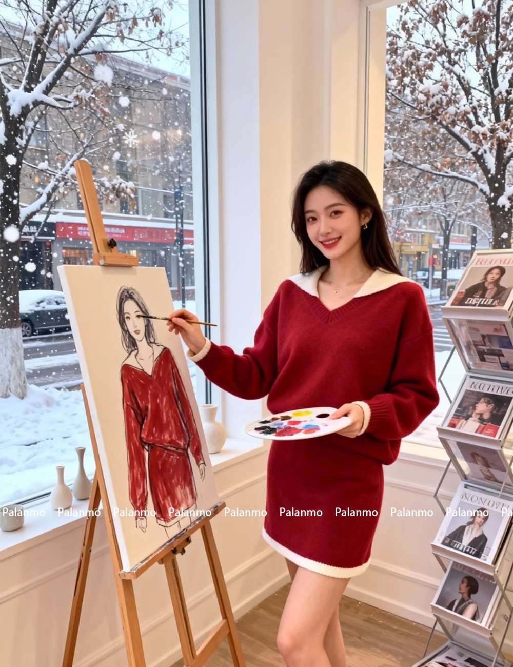 Loose red short skirt knitted sweater a set for women