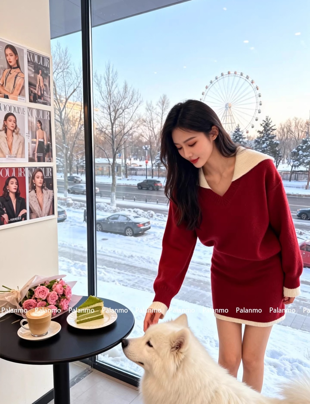 Loose red short skirt knitted sweater a set for women