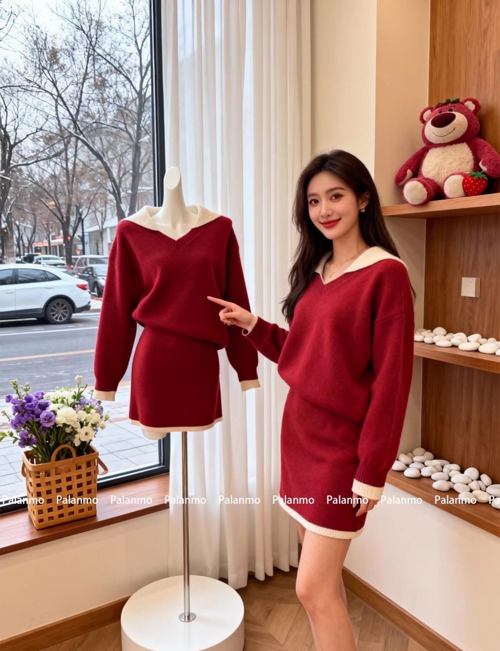 Loose red short skirt knitted sweater a set for women