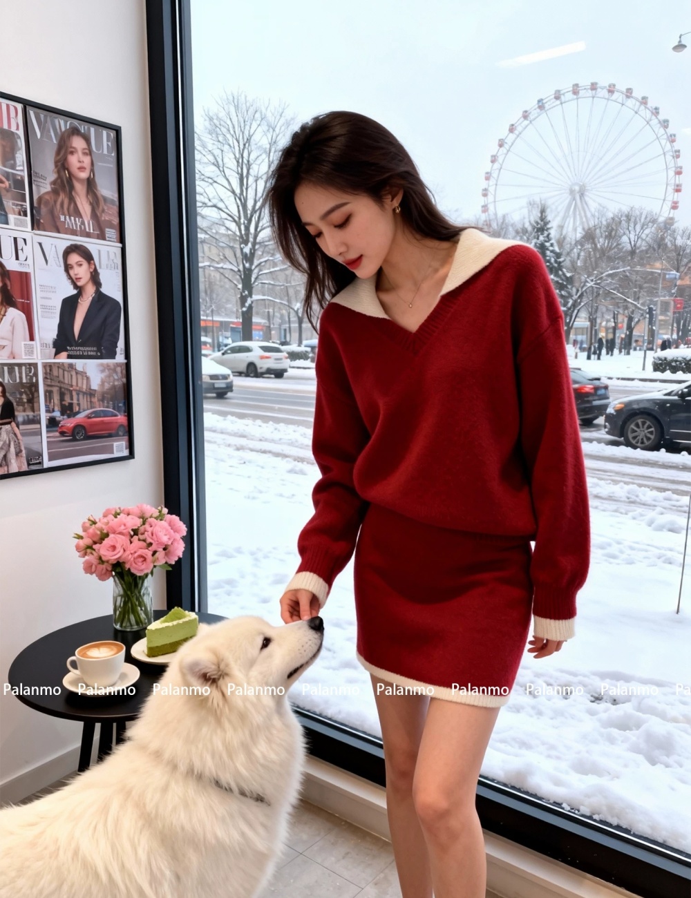 Loose red short skirt knitted sweater a set for women