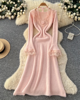 Splice knitted lace stereoscopic flowers niche dress