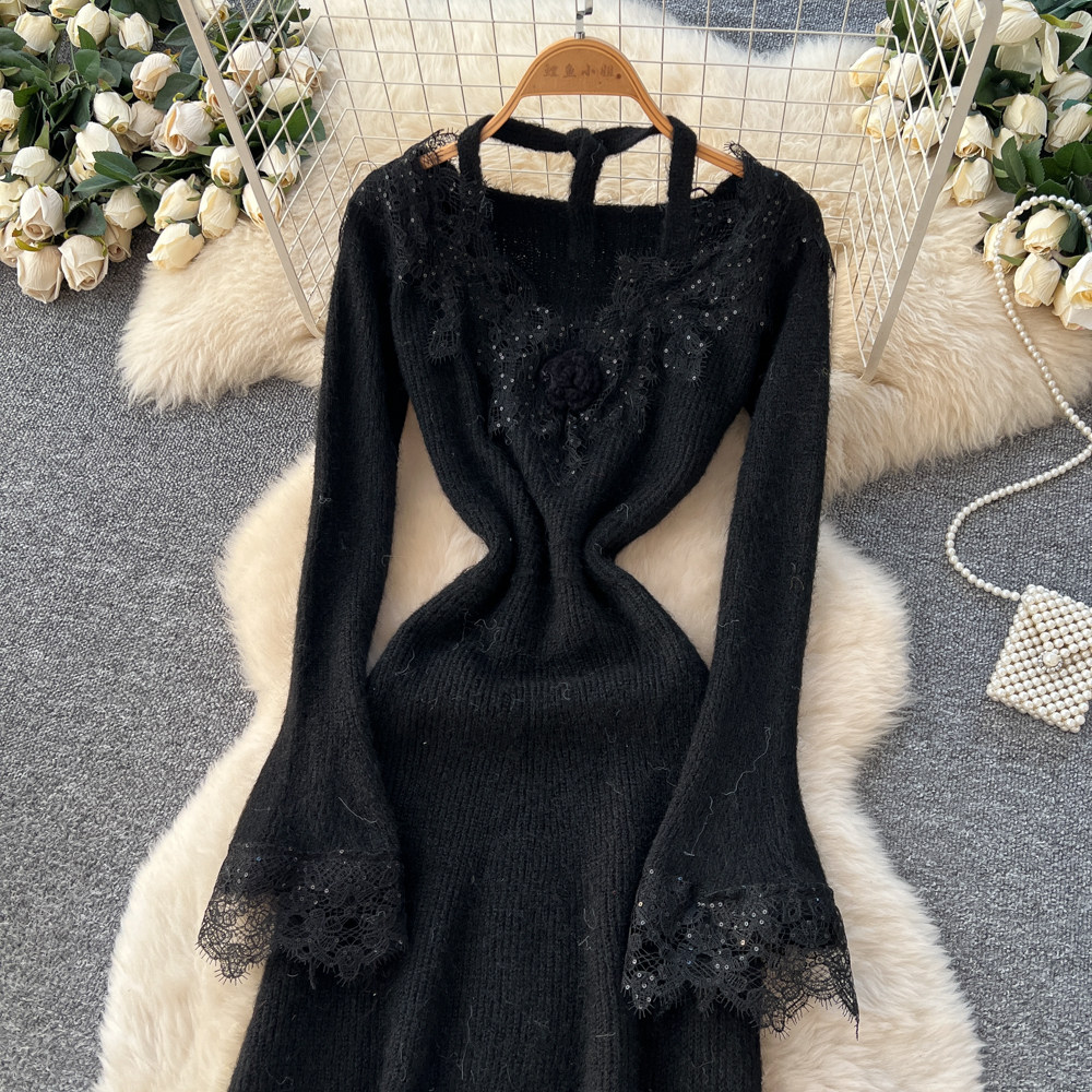 Splice knitted lace stereoscopic flowers niche dress