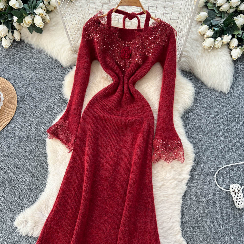 Splice knitted lace stereoscopic flowers niche dress