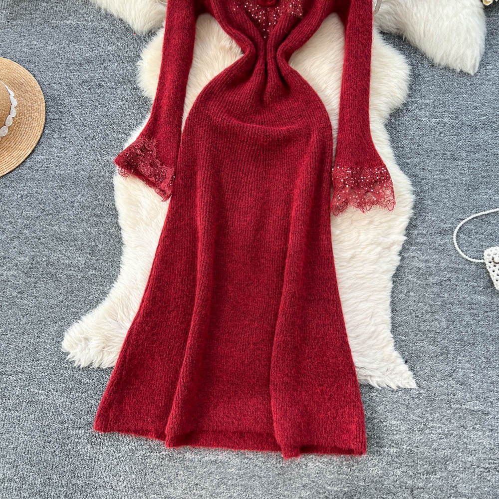 Splice knitted lace stereoscopic flowers niche dress