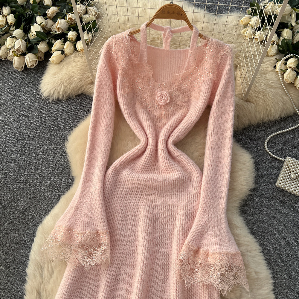 Splice knitted lace stereoscopic flowers niche dress