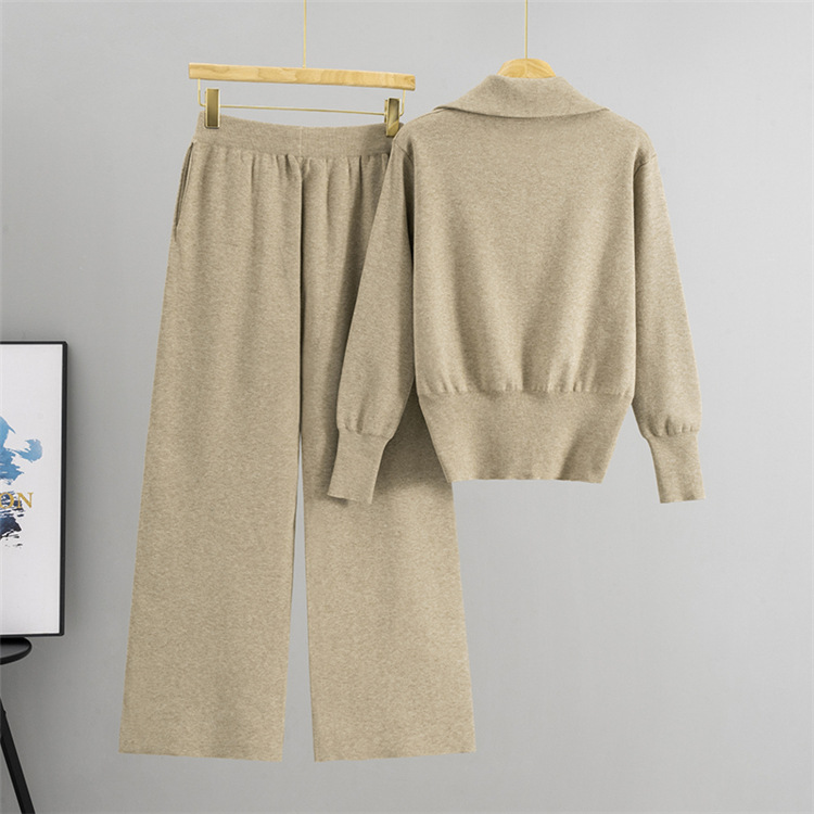 Casual sweater wide leg pants 2pcs set for women