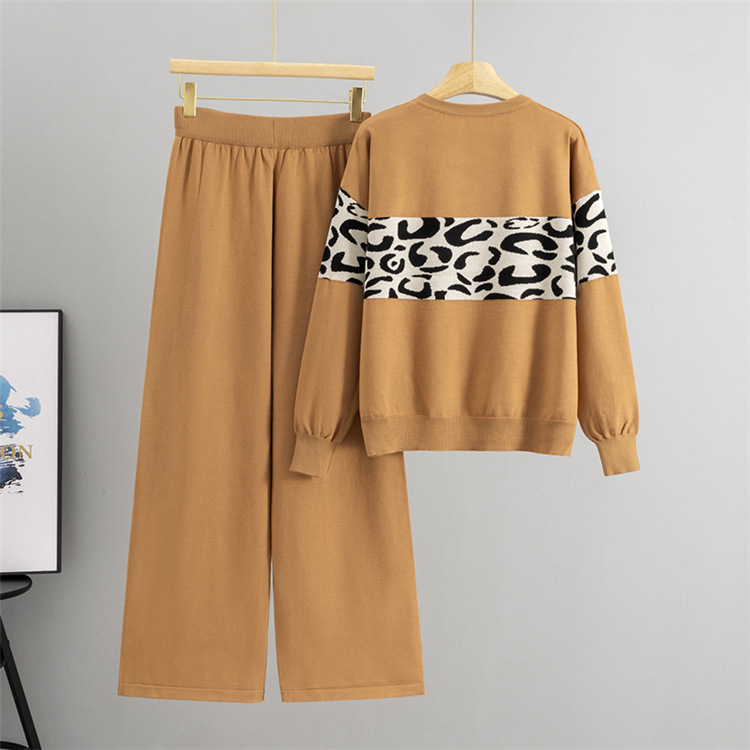 Long sleeve sweater leopard coat 2pcs set for women