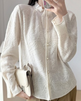 Knitted jacquard wool fungus collar cardigan