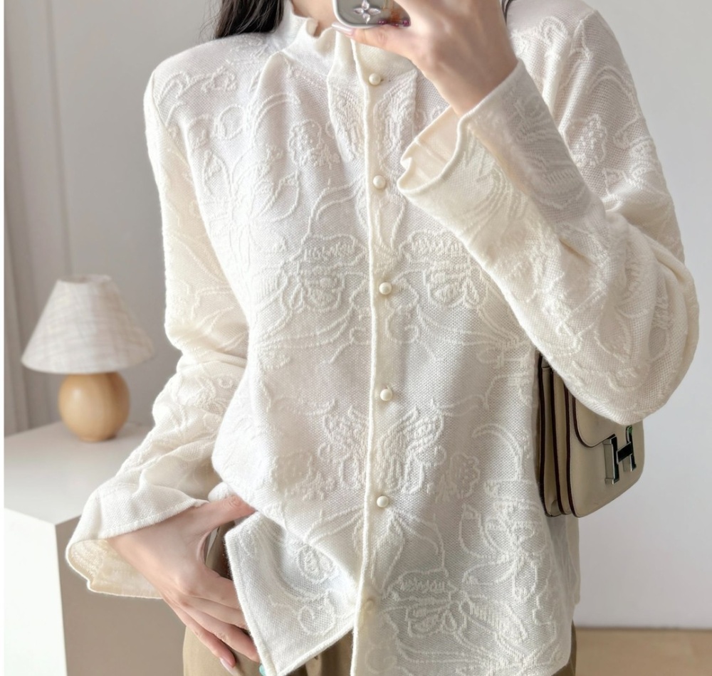 Knitted jacquard wool fungus collar cardigan