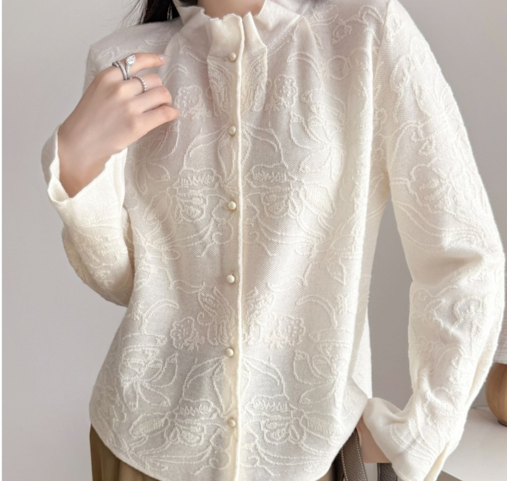 Knitted jacquard wool fungus collar cardigan