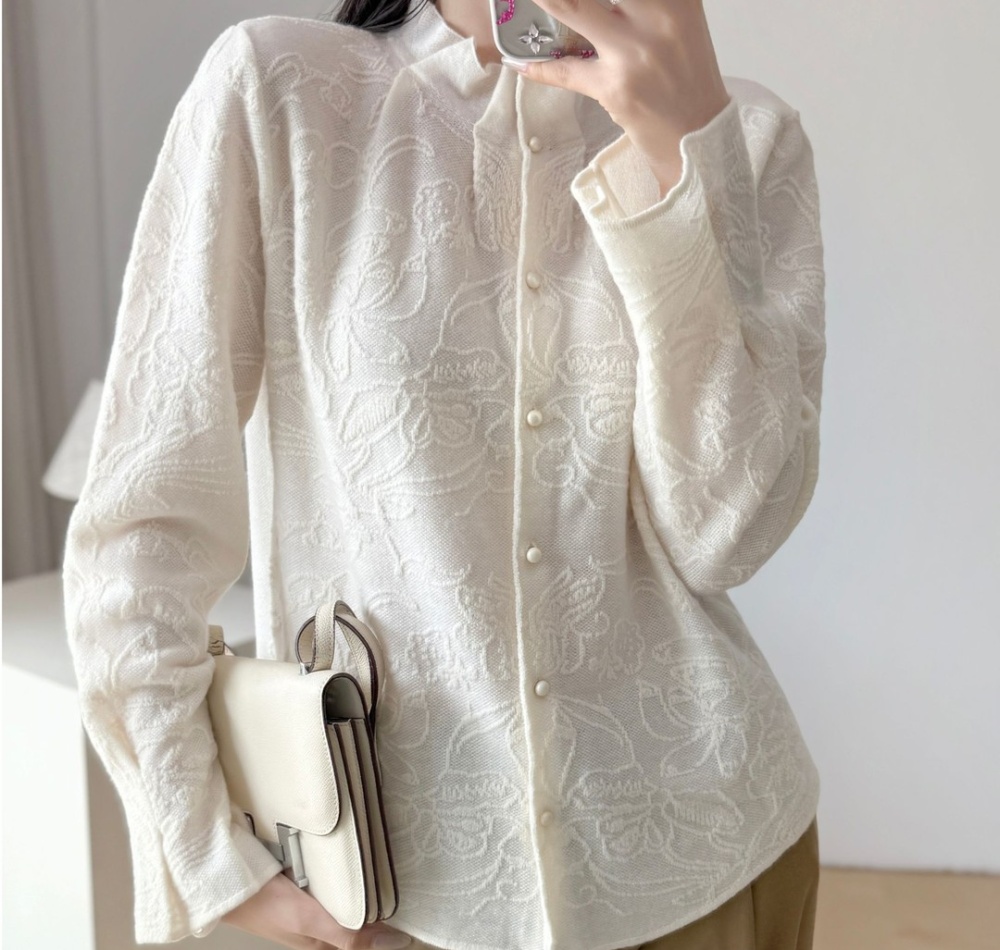 Knitted jacquard wool fungus collar cardigan