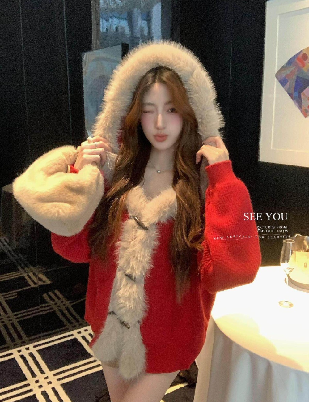 Playful horn buckle hooded winter sweater