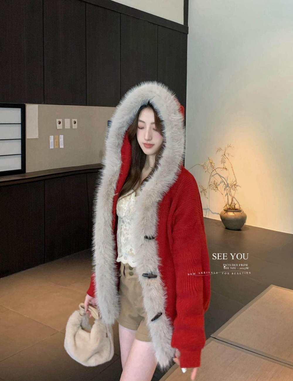 Playful horn buckle hooded winter sweater