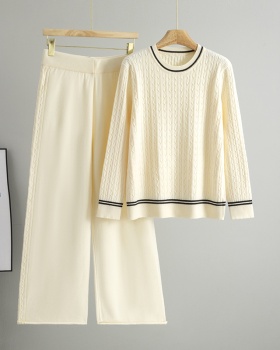Lazy autumn and winter sweater stripe wide leg pants 2pcs set