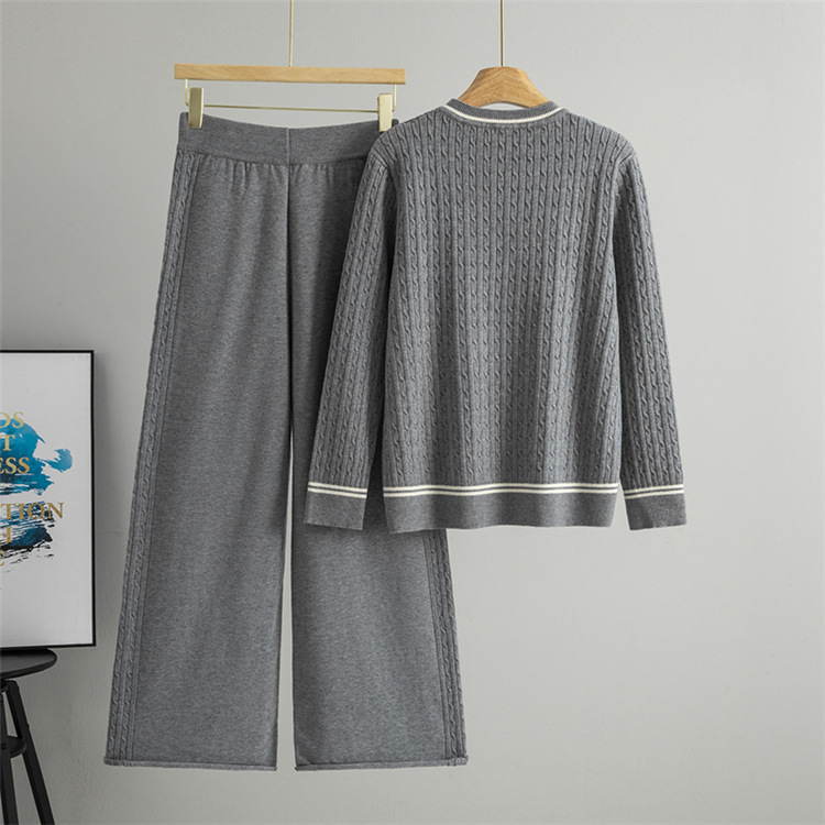 Lazy autumn and winter sweater stripe wide leg pants 2pcs set