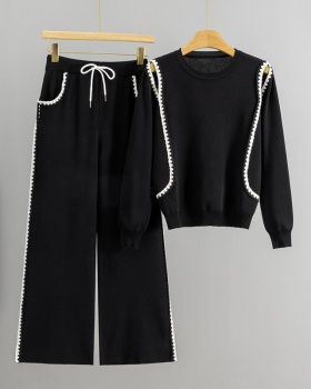 European style lace wide leg pants autumn sweater 2pcs set