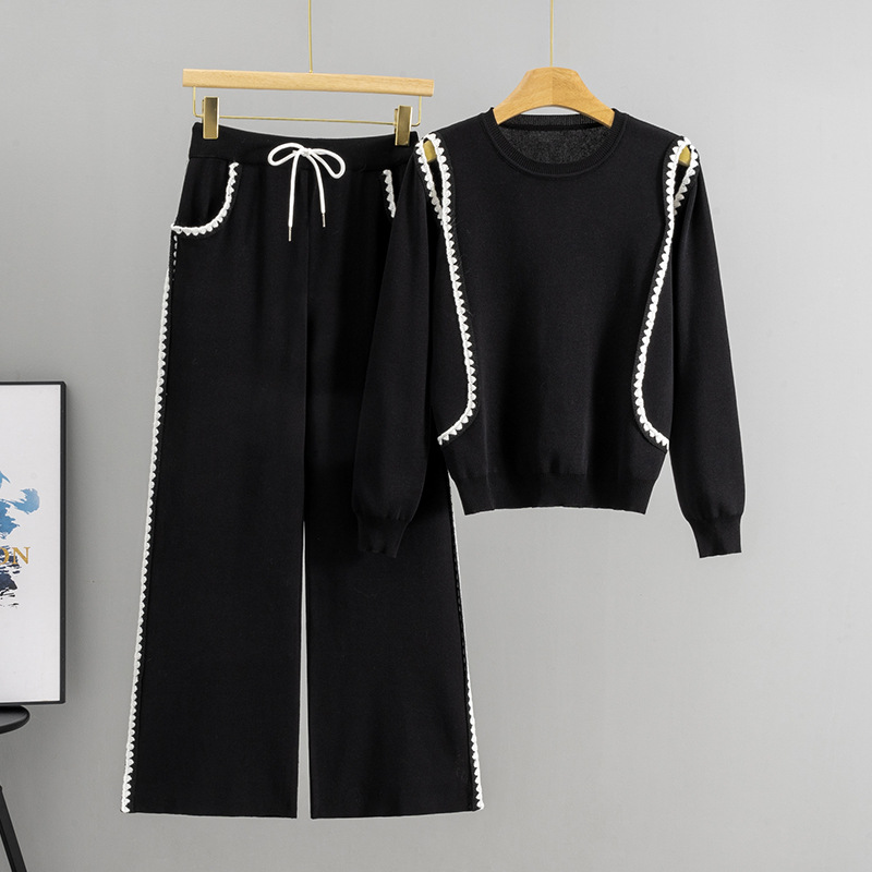 European style lace wide leg pants autumn sweater 2pcs set