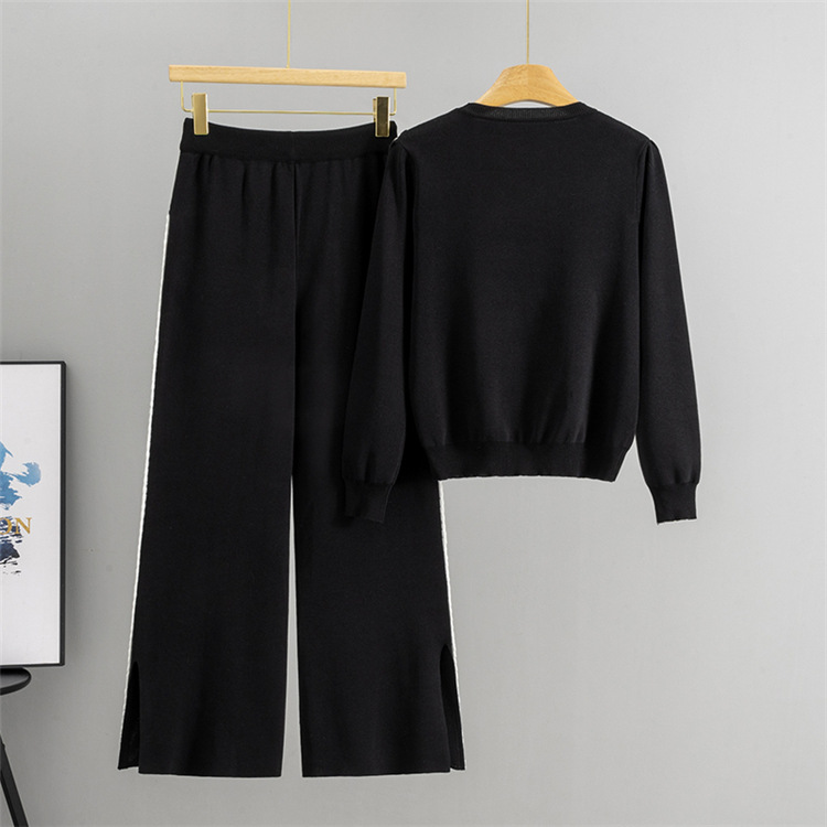 European style lace wide leg pants autumn sweater 2pcs set