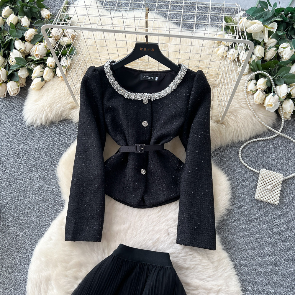 France style tops rhinestone skirt 2pcs set for women