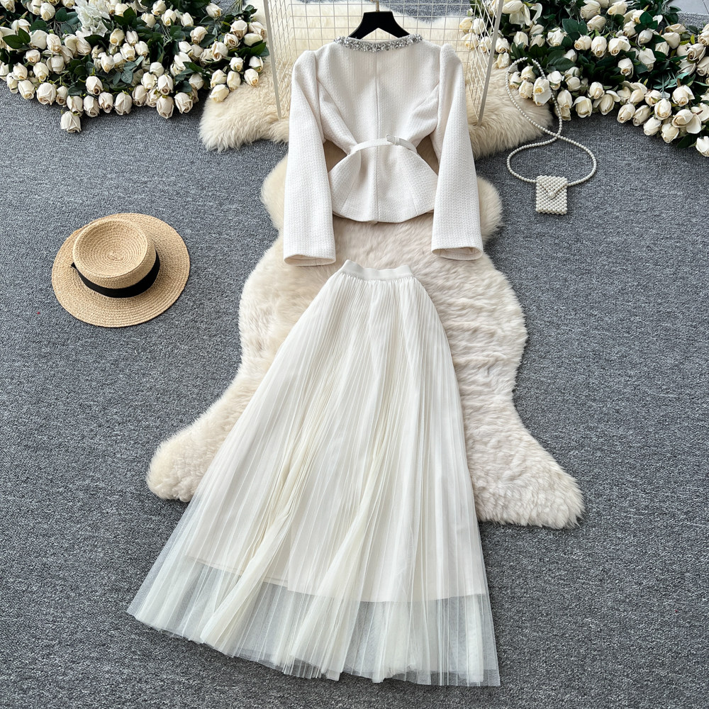 France style tops rhinestone skirt 2pcs set for women