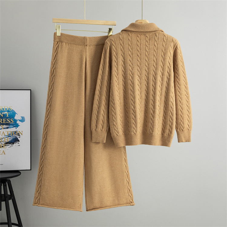 Casual sweater retro wide leg pants 2pcs set