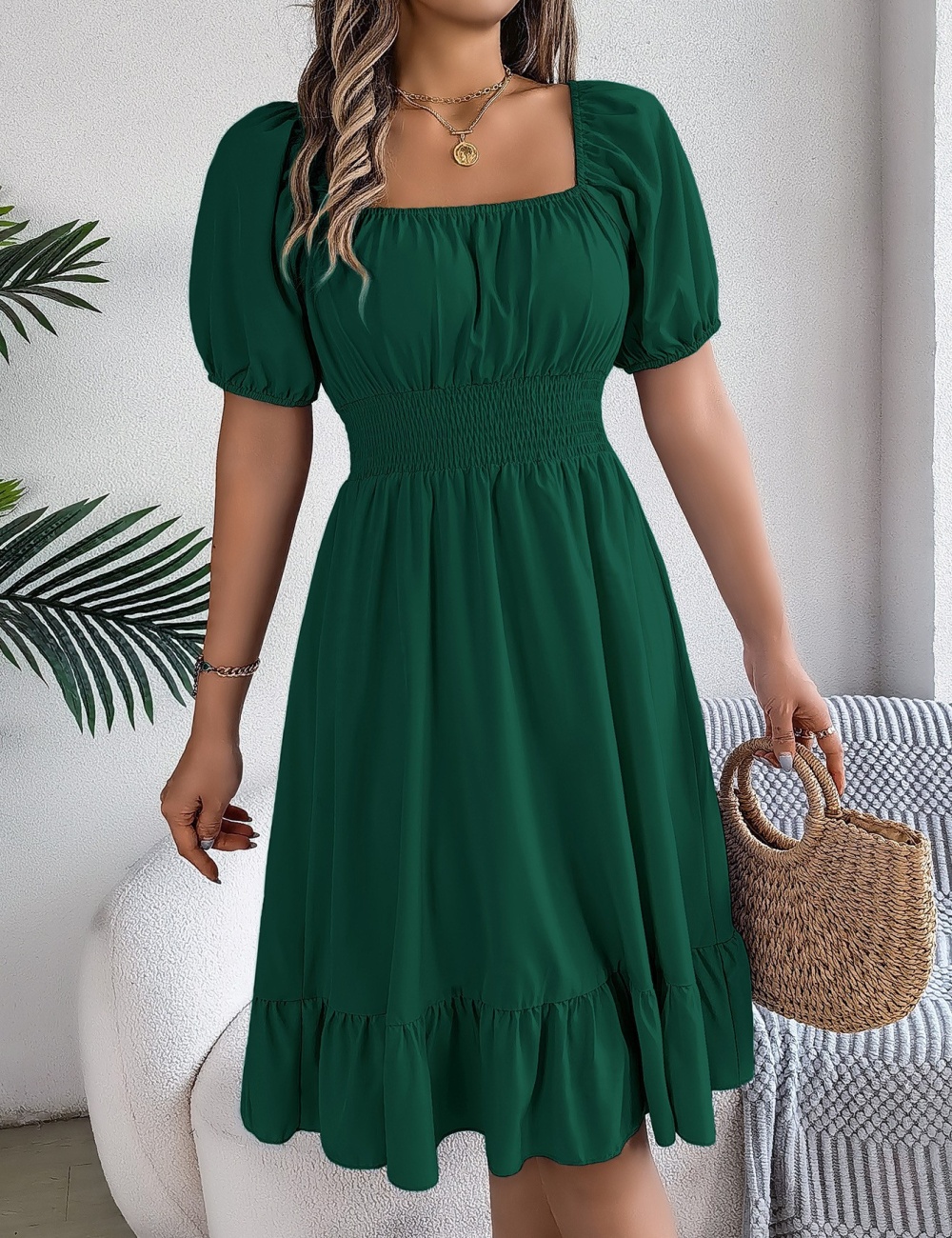 Short sleeve spring and summer pinched waist dress for women