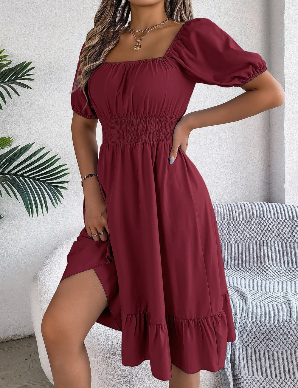 Short sleeve spring and summer pinched waist dress for women