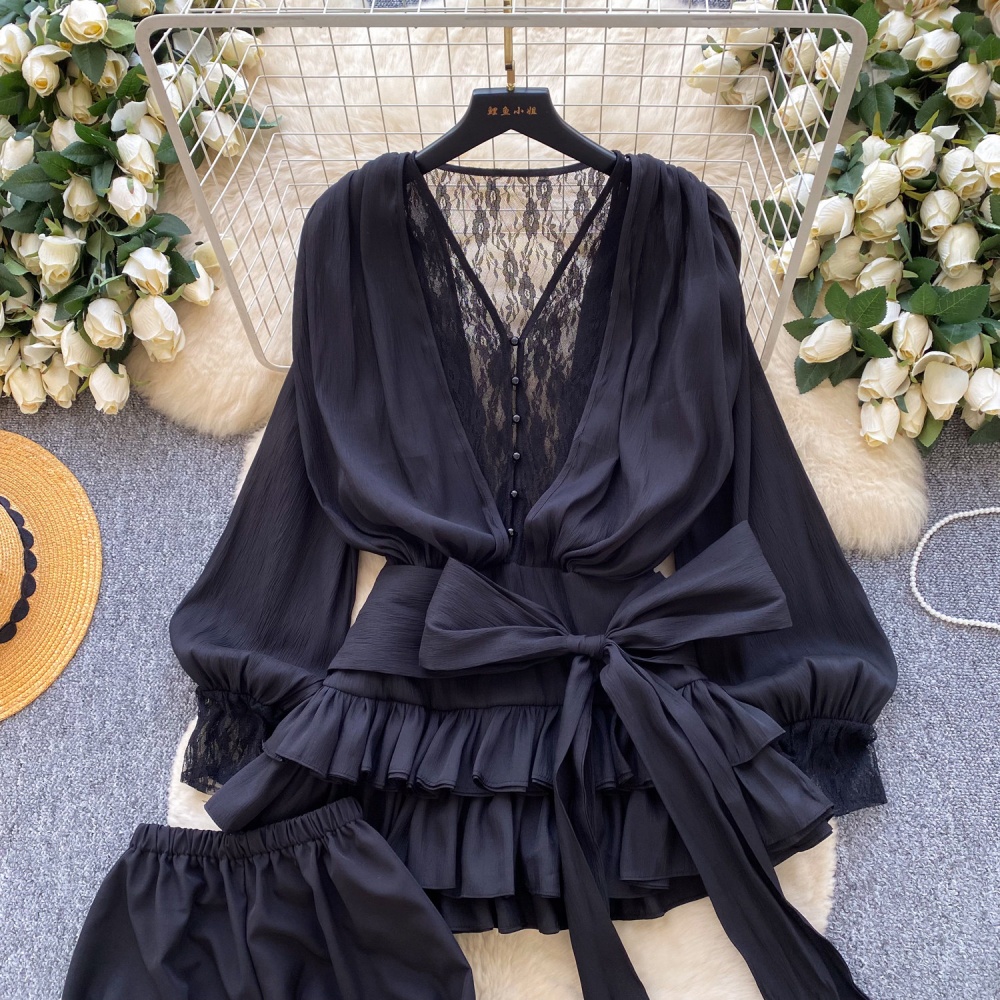 Pinched waist lace dress lotus leaf edges shorts