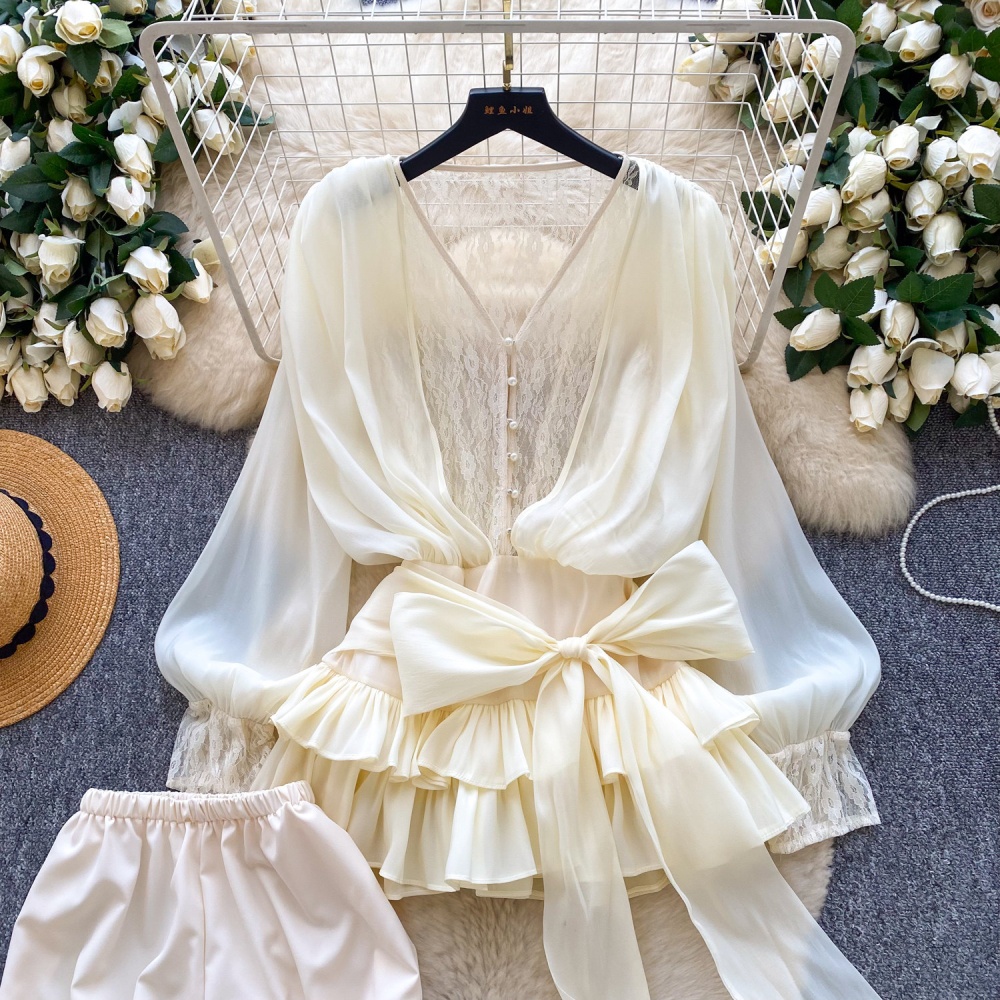 Pinched waist lace dress lotus leaf edges shorts