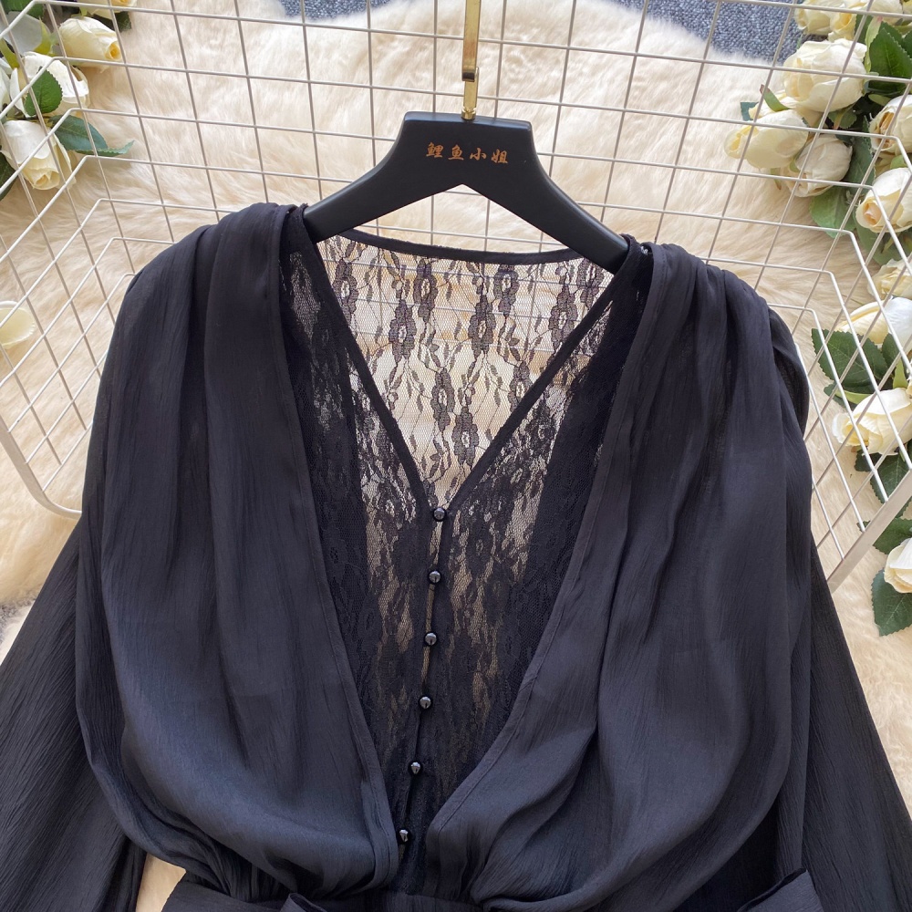 Pinched waist lace dress lotus leaf edges shorts