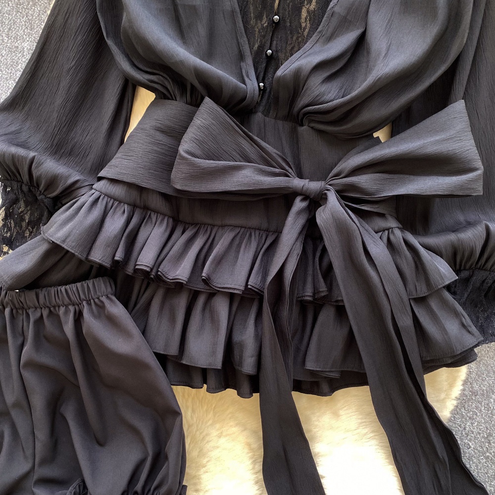 Pinched waist lace dress lotus leaf edges shorts