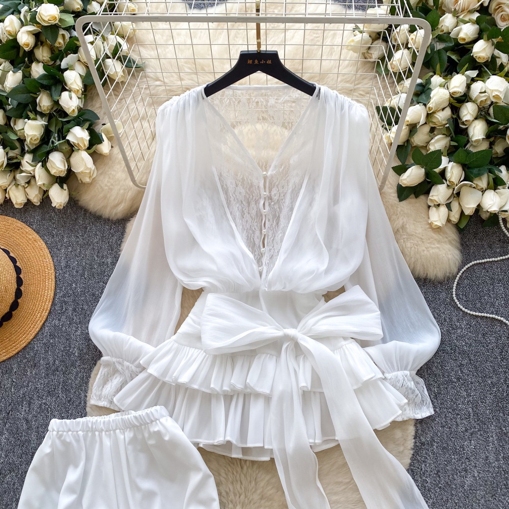 Pinched waist lace dress lotus leaf edges shorts