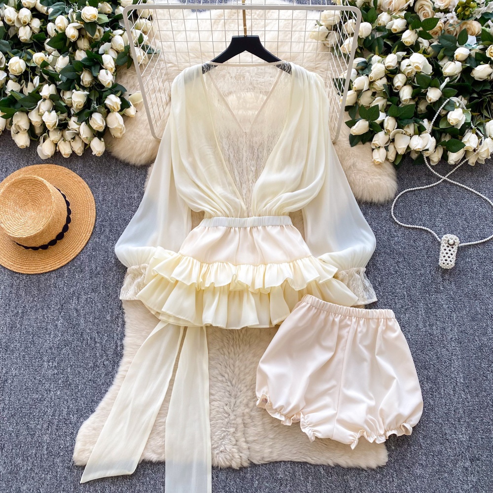 Pinched waist lace dress lotus leaf edges shorts