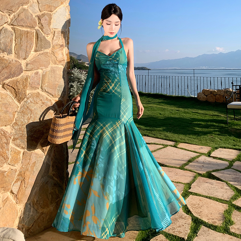 Long summer sling pinched waist streamer dress