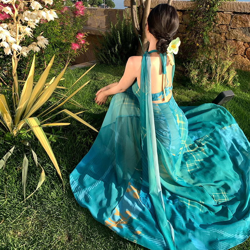 Long summer sling pinched waist streamer dress