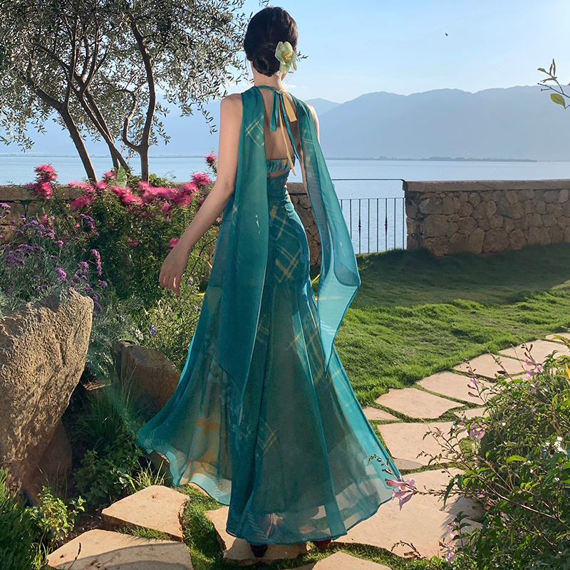 Long summer sling pinched waist streamer dress