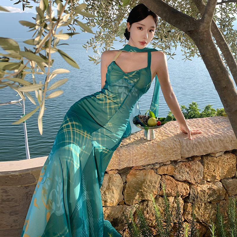 Long summer sling pinched waist streamer dress