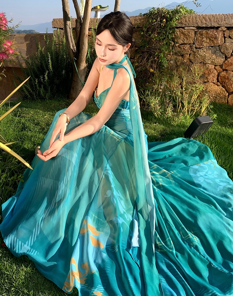 Long summer sling pinched waist streamer dress