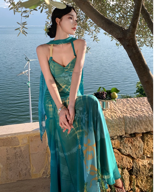 Long summer sling pinched waist streamer dress