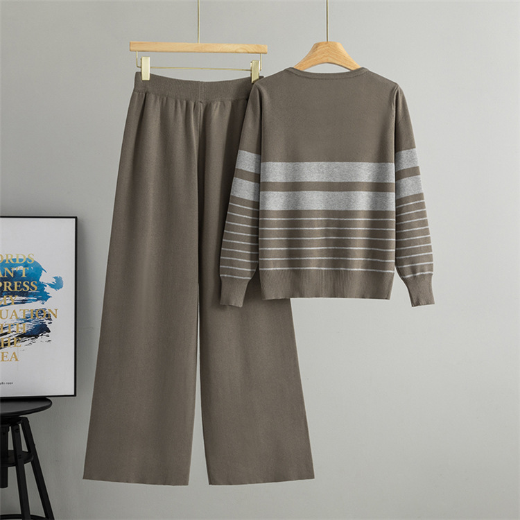 Stripe sweater wide leg pants 2pcs set for women