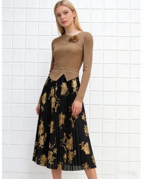 Printing pleated dress bandage pinched waist long dress