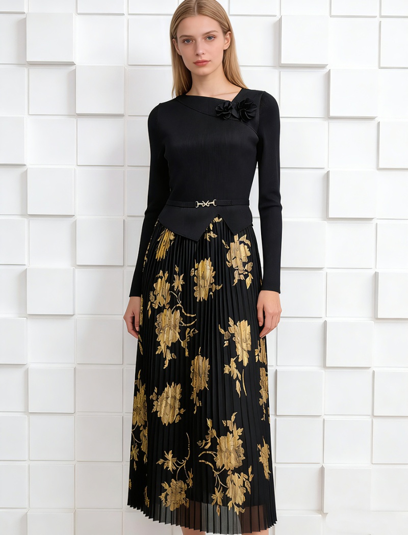 Printing pleated dress bandage pinched waist long dress