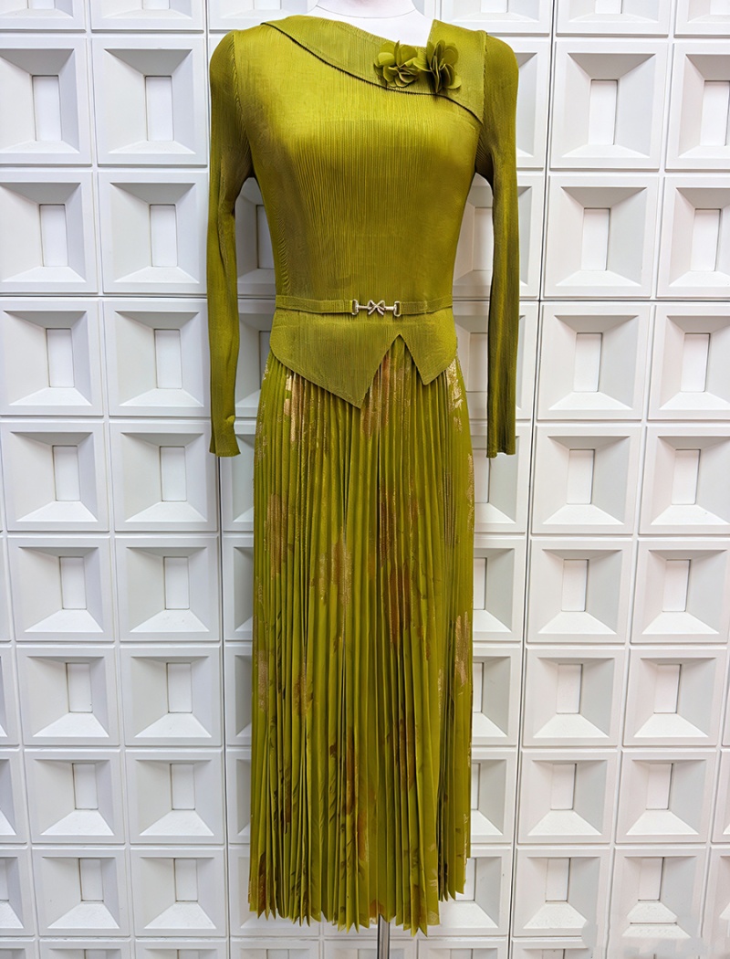 Printing pleated dress bandage pinched waist long dress