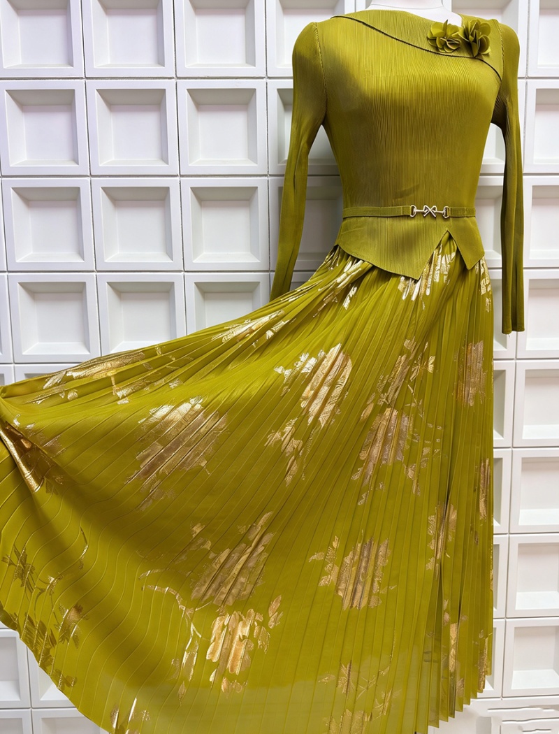 Printing pleated dress bandage pinched waist long dress