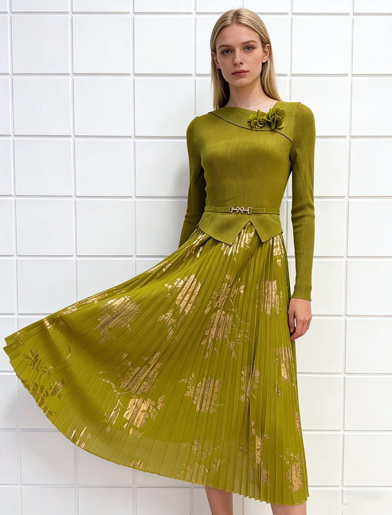 Printing pleated dress bandage pinched waist long dress