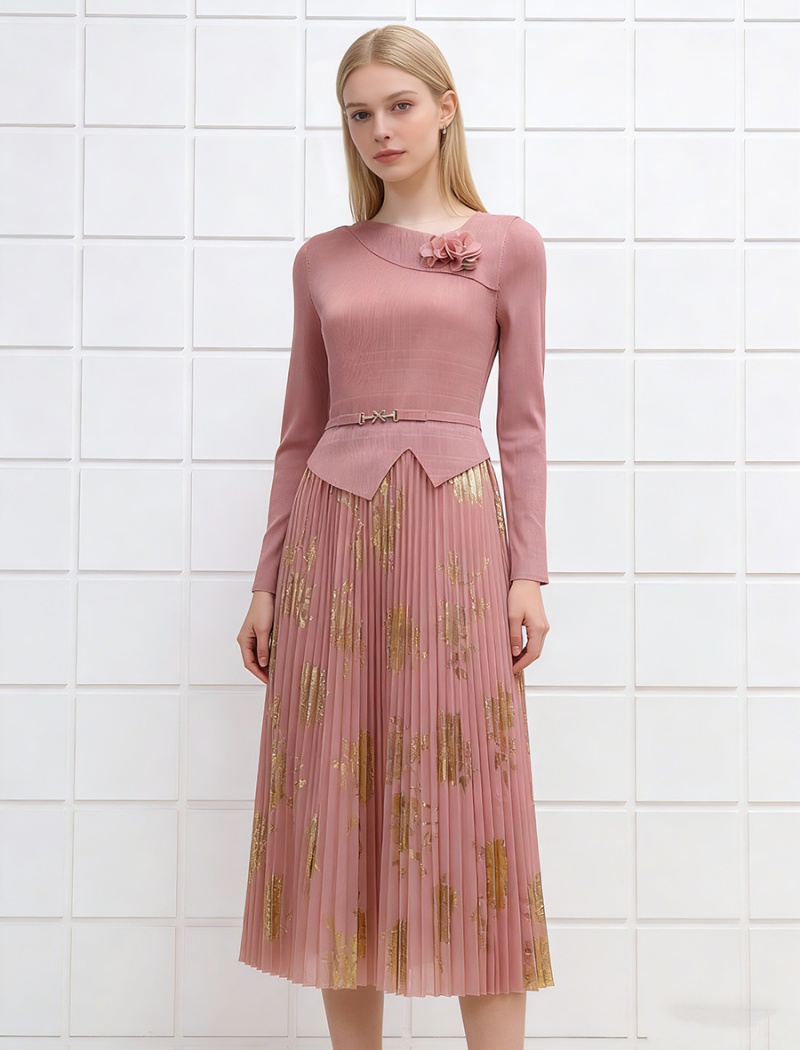 Printing pleated dress bandage pinched waist long dress